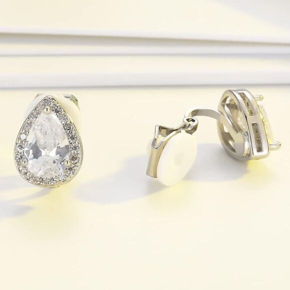 Silver with White Diamond Cubic Zirconia Teardrop Stud Clip On Earrings - Picture 4 of 5